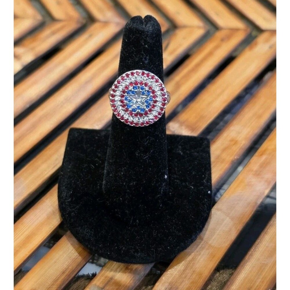 Marvel Captain America Shield Rhinestone Ring Stainless Steel Size 9 Bling Boxed